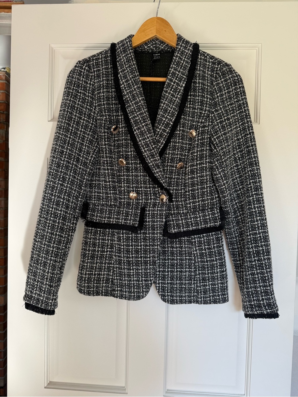 Shein Black & White Tweed Double-Breasted Blazer Jacket - Size M